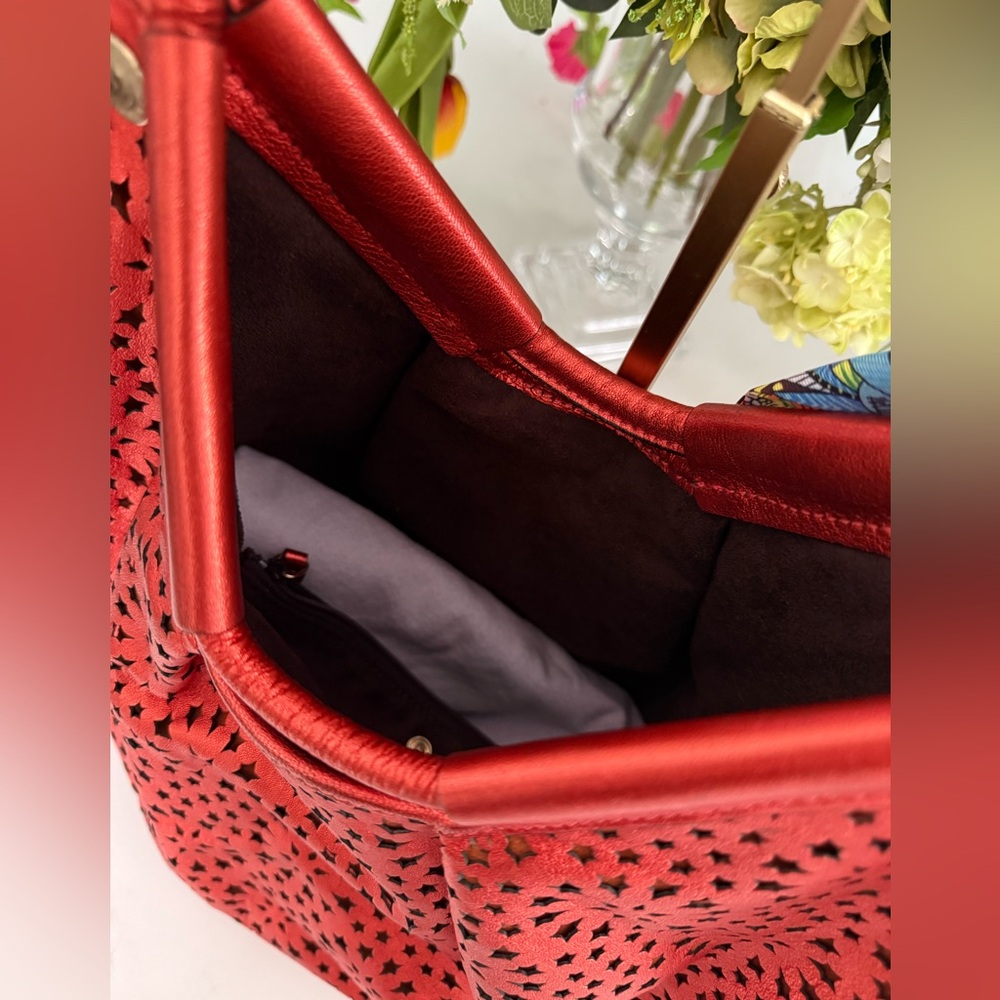 JIMMY CHOO BEAUTIFUL Laser Cut Red Leather Shoulder Bag w/dust bag ~ EUC - Picture 6 of 13